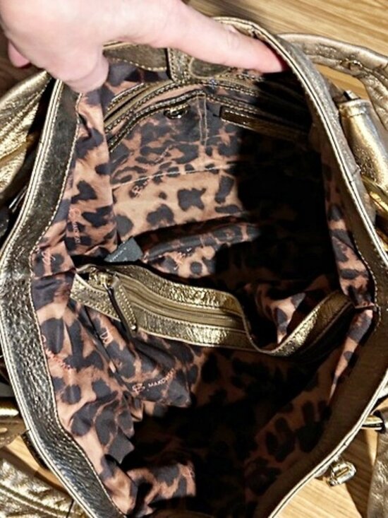 B Makowsky Large Metallic Gold Python Print Leather Zip Hobo Tote Bag - Picture 2 of 7